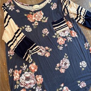 Lovely J Blue and Pink 3/4 Sleeve Graphic Tunic